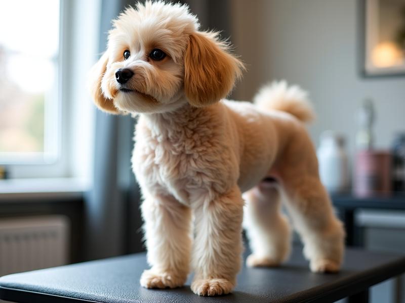Close up of a dog with 'teddy bear' face and flared leg styling