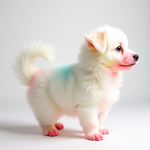 White Maltipoo with rainbow colored tail