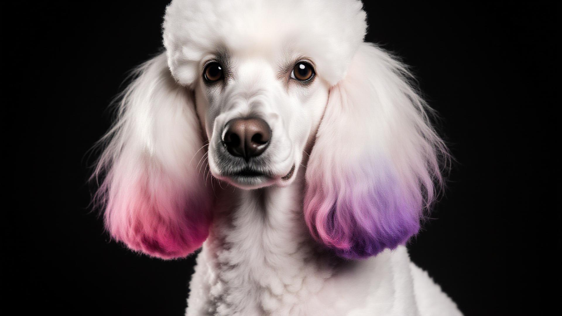 Artistically groomed poodle with vibrant pink and purple ombre ears