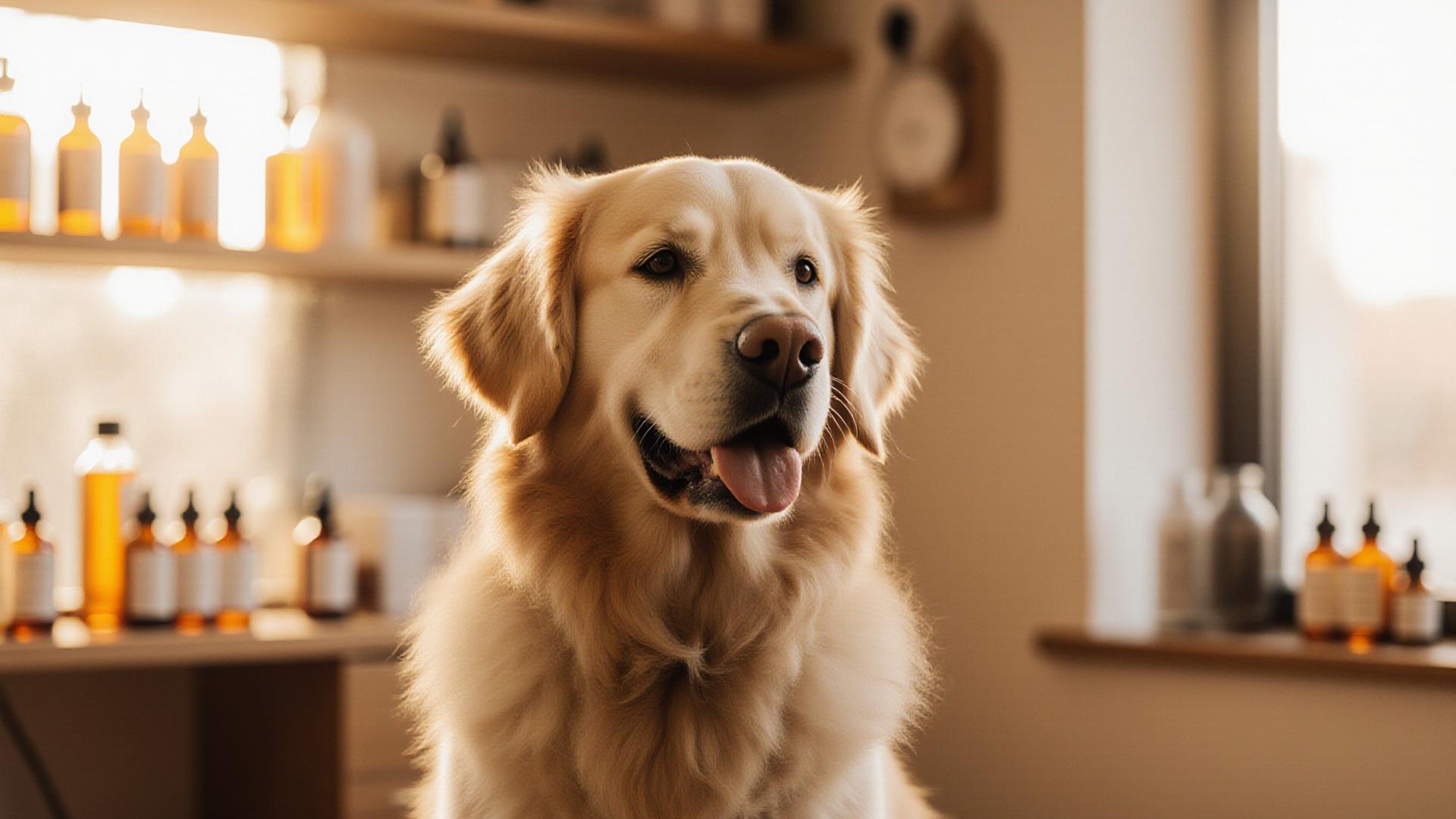 A perfectly groomed Golden Retriever relaxing in a boutique setting