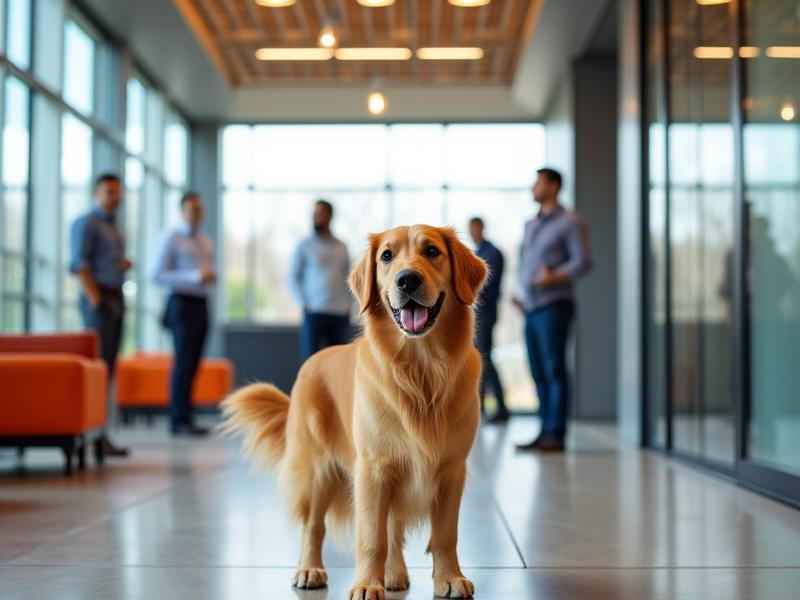 Modern Atlanta office environment with a well-groomed dog being greeted by employees