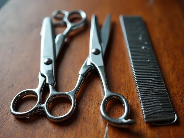 Professional grooming shears and combs used on a poodle coat