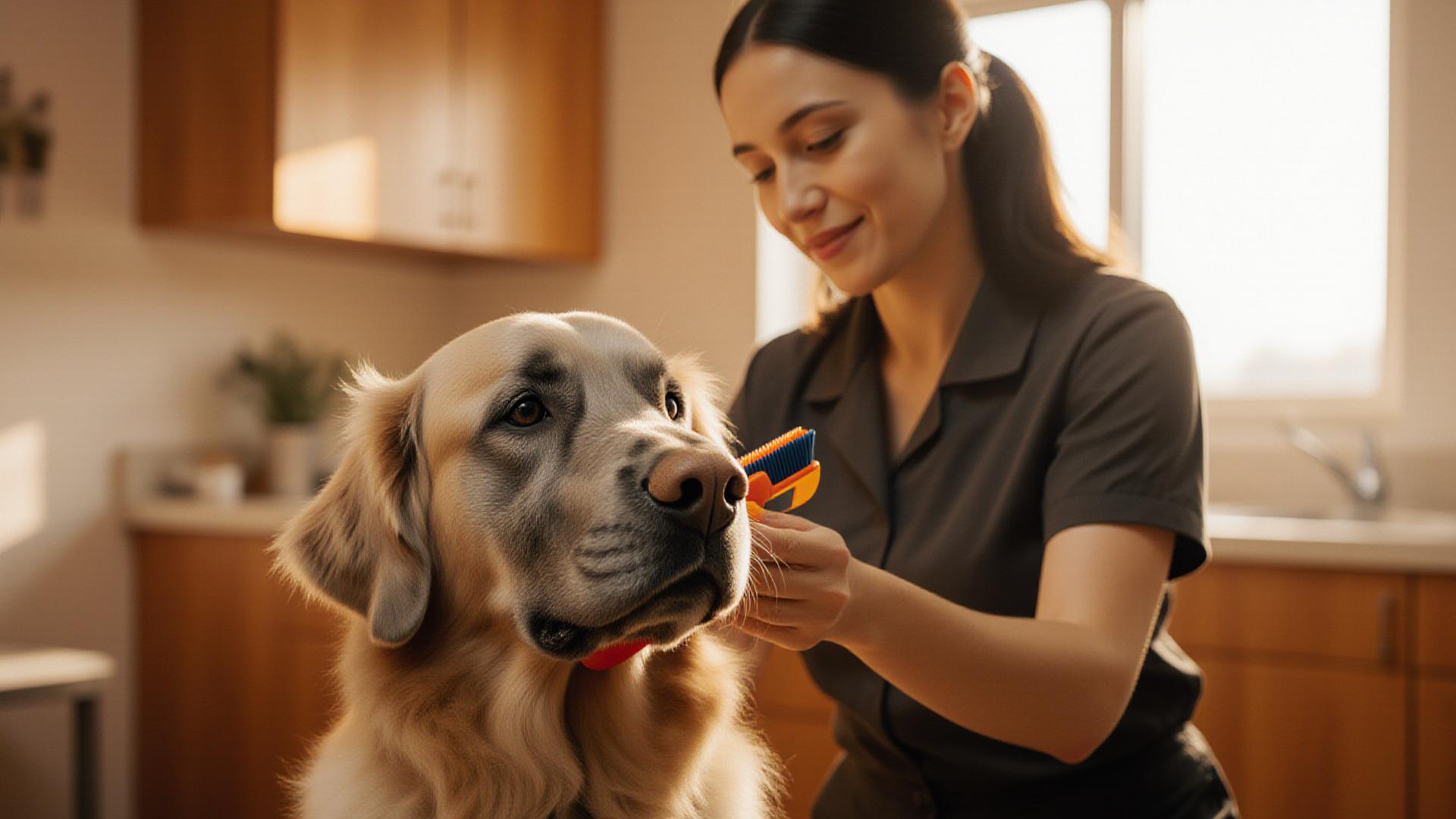 A gentle groomer brushing an elderly golden retriever with gray muzzle